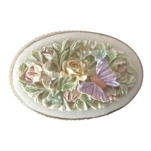 Vintage Butterfly Floral Antiqued Oval Resin Trinket Ring Box with Brooch as Lid